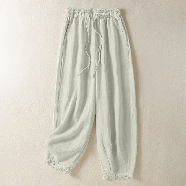 Buddha Stones Summer Casual Boho Drawstring Solid Cropped Pants Ramie Women's Harem Pants With Pockets - Beige - US8-10, UK/AU12-14, EU40-42 (2XL) - image 0