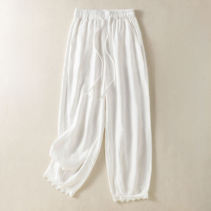 Buddha Stones Summer Casual Boho Drawstring Solid Cropped Pants Ramie Women's Harem Pants With Pockets - White - US8-10, UK/AU12-14, EU40-42 (2XL) - image 20