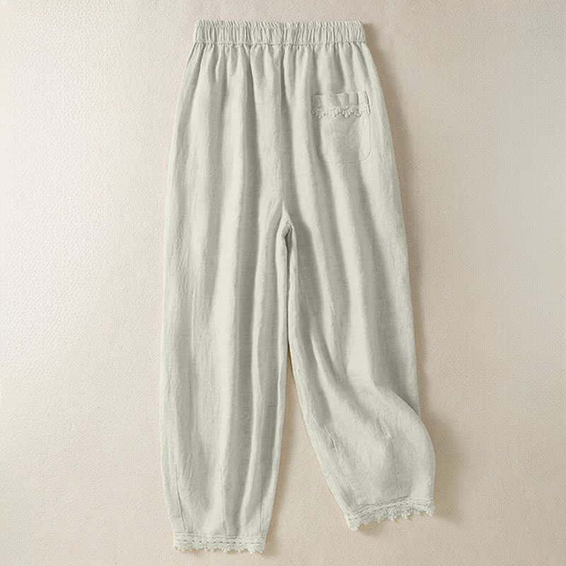 Buddha Stones Summer Casual Boho Drawstring Solid Cropped Pants Ramie Women's Harem Pants With Pockets - image 1