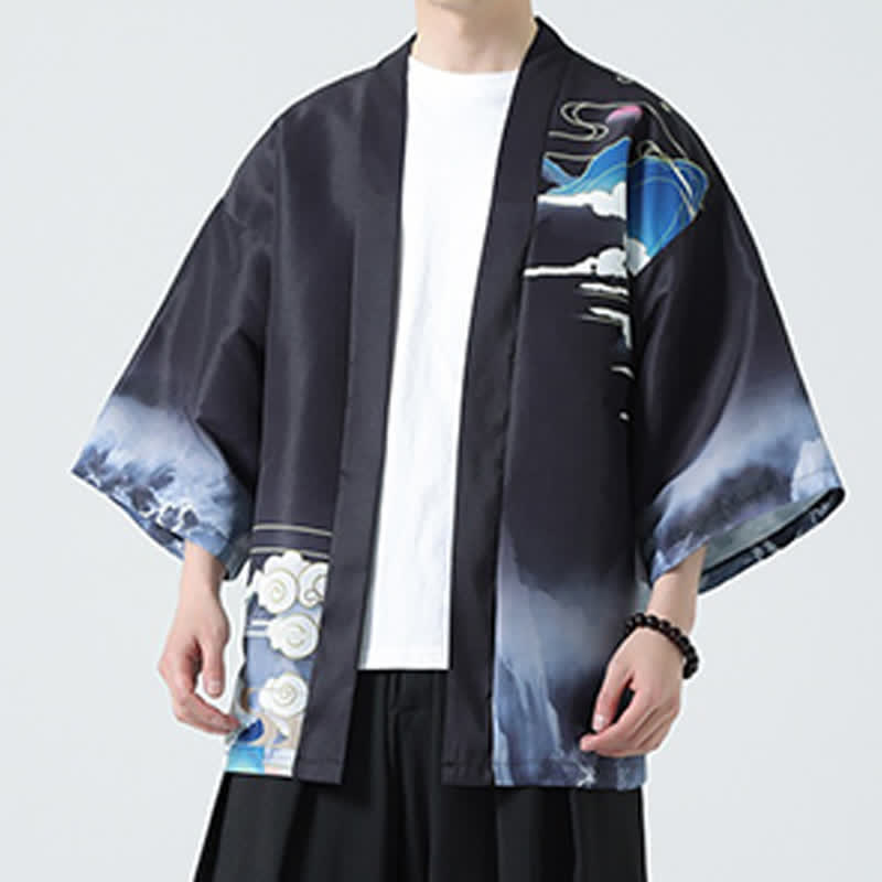 Buddha Stones Summer Casual Vintage Crane Print Men's Kimonos - image 10