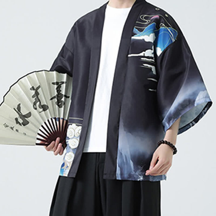 Buddha Stones Summer Casual Vintage Crane Print Men's Kimonos - image 6
