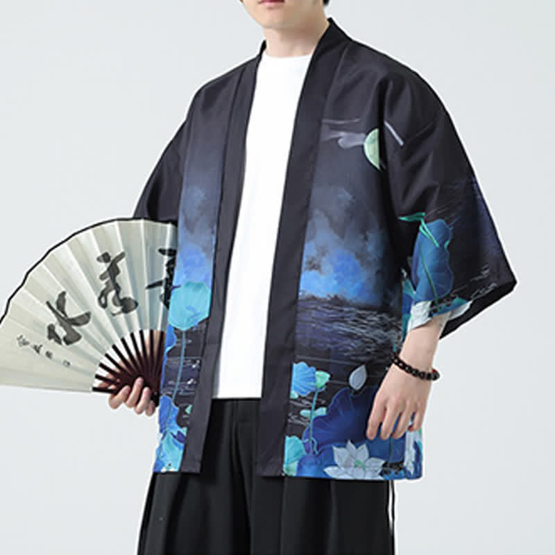 Buddha Stones Summer Casual Vintage Crane Print Men's Kimonos - Lotus - US/UK/AU48, EU58 (5XL) - image 37