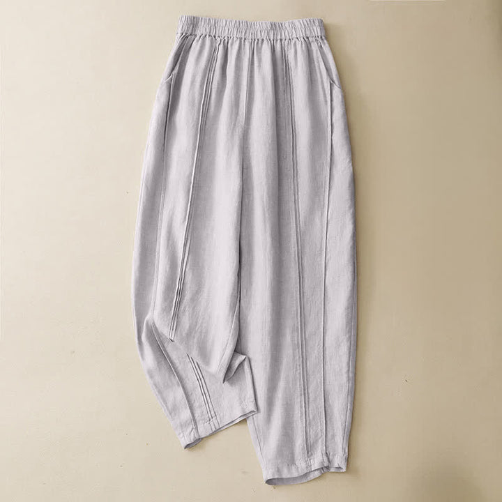 Buddha Stones Summer Casual Minimalist Solid Cropped Pants Vertical Seam Women's Harem Pants With Pockets - Linen - US8-10, UK/AU12-14, EU40-42 (2XL) - image 0