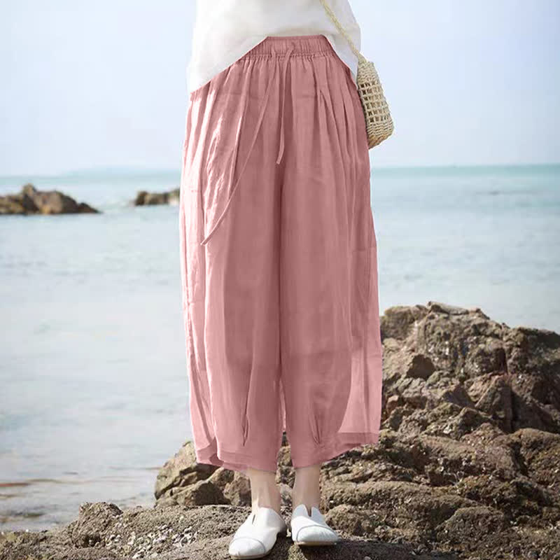 Buddha Stones Summer Casual Boho Drawstring Solid Capri Pants Women's Wide Leg Pants With Pockets - image 29