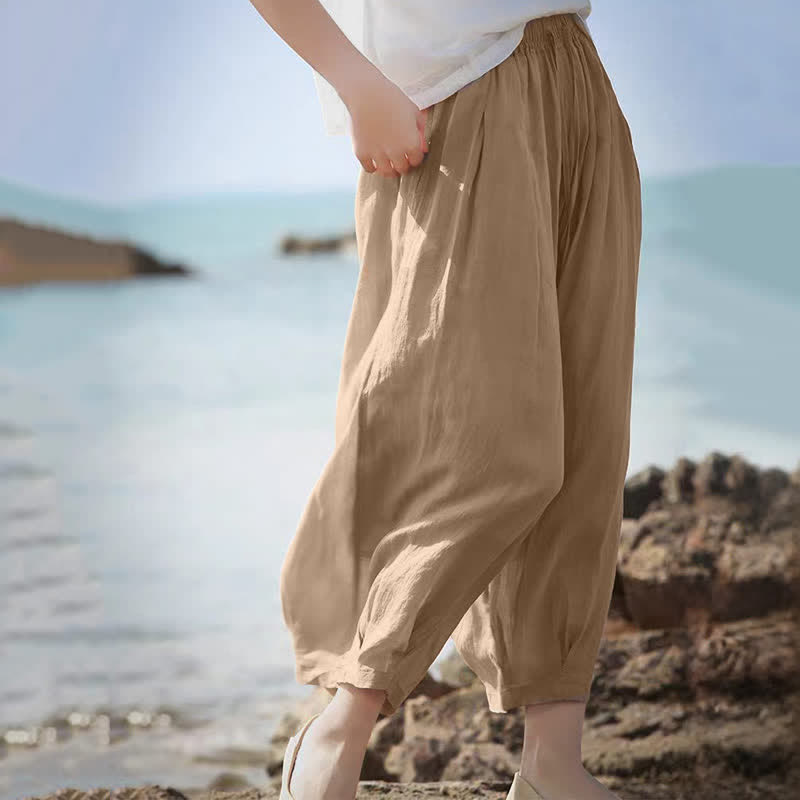 Buddha Stones Summer Casual Boho Drawstring Solid Capri Pants Women's Wide Leg Pants With Pockets - image 8