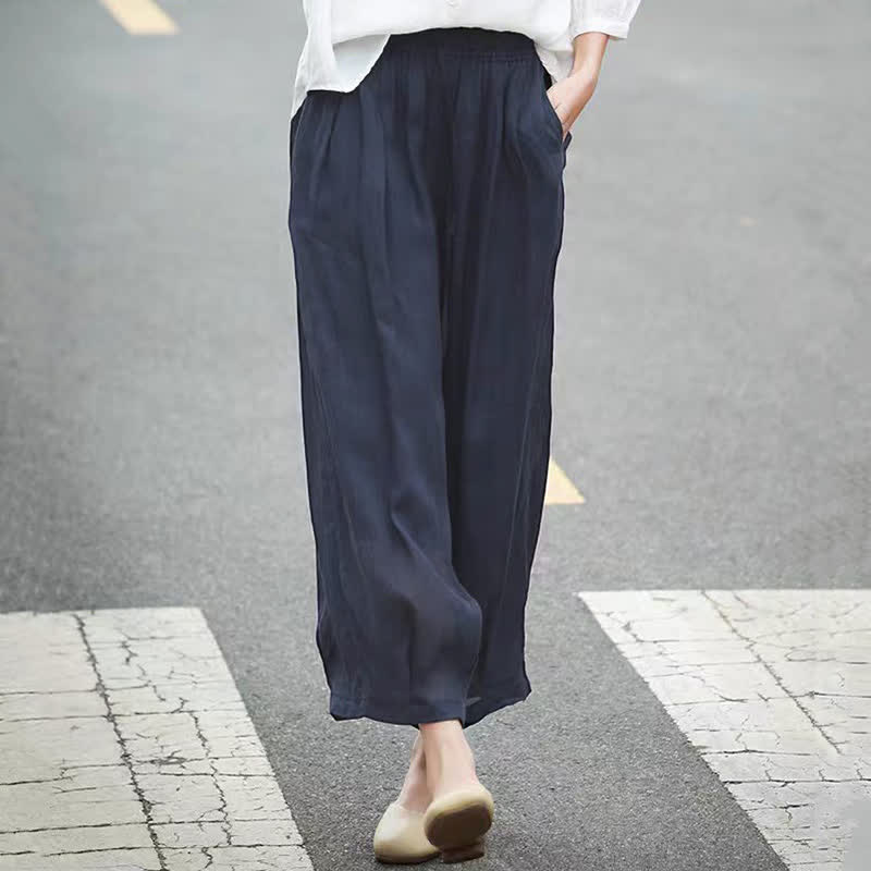 Buddha Stones Summer Casual Boho Drawstring Solid Capri Pants Women's Wide Leg Pants With Pockets - image 16