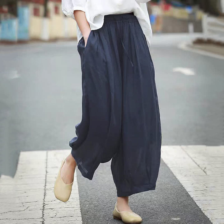 Buddha Stones Summer Casual Boho Drawstring Solid Capri Pants Women's Wide Leg Pants With Pockets - image 18