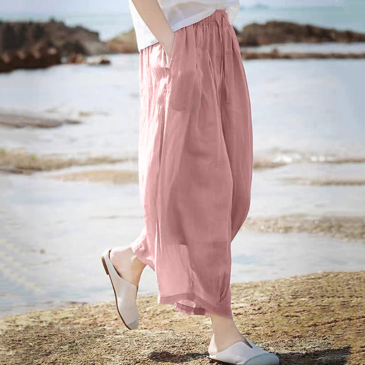 Buddha Stones Summer Casual Boho Drawstring Solid Capri Pants Women's Wide Leg Pants With Pockets - image 31