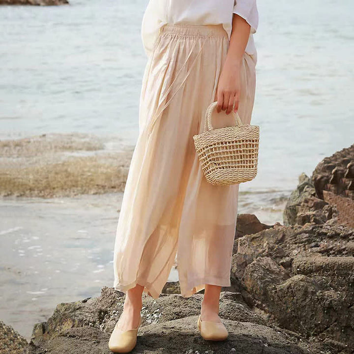 Buddha Stones Summer Casual Boho Drawstring Solid Capri Pants Women's Wide Leg Pants With Pockets - image 39