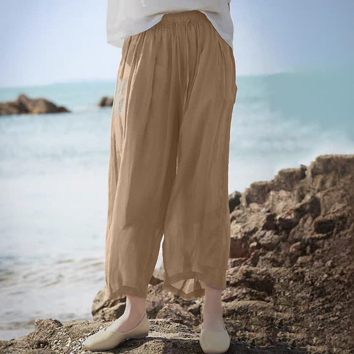 Buddha Stones Summer Casual Boho Drawstring Solid Capri Pants Women's Wide Leg Pants With Pockets - image 9