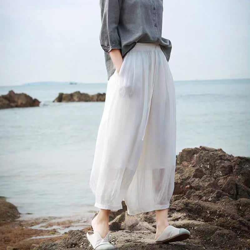 Buddha Stones Summer Casual Boho Drawstring Solid Capri Pants Women's Wide Leg Pants With Pockets - image 52
