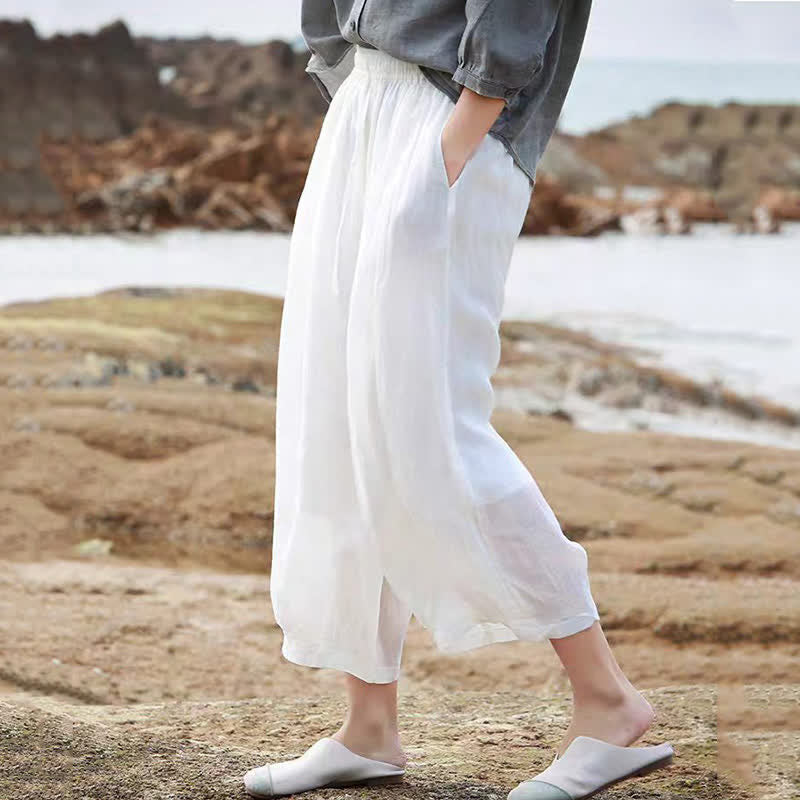 Buddha Stones Summer Casual Boho Drawstring Solid Capri Pants Women's Wide Leg Pants With Pockets - image 54