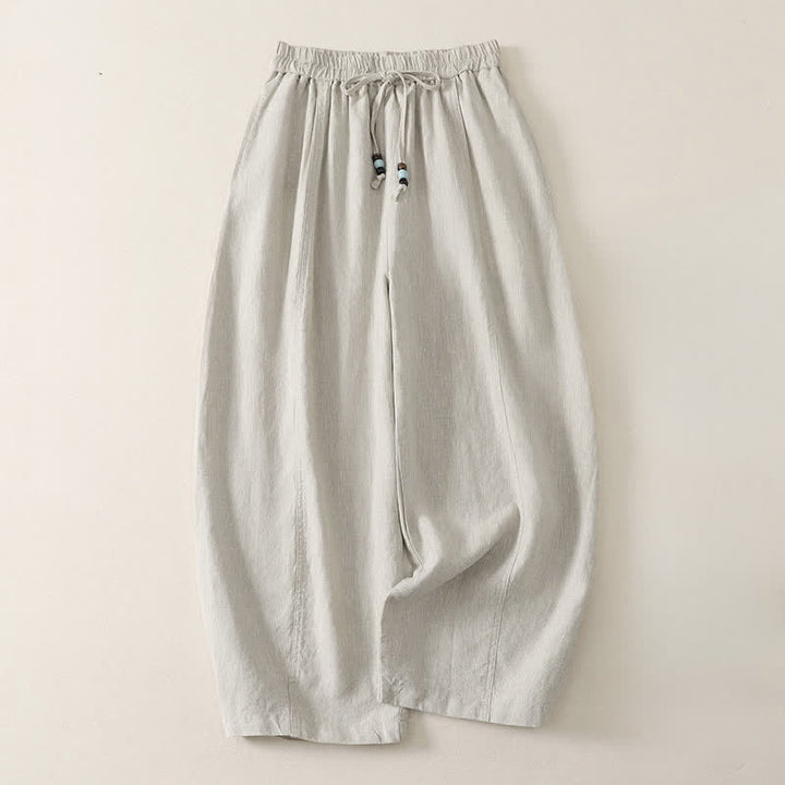 Buddha Stones Summer Casual Minimalist Drawstring Solid Cropped Pants Women's Wide Leg Pants With Pockets - Linen - US8-10, UK/AU12-14, EU40-42 (2XL) - image 12
