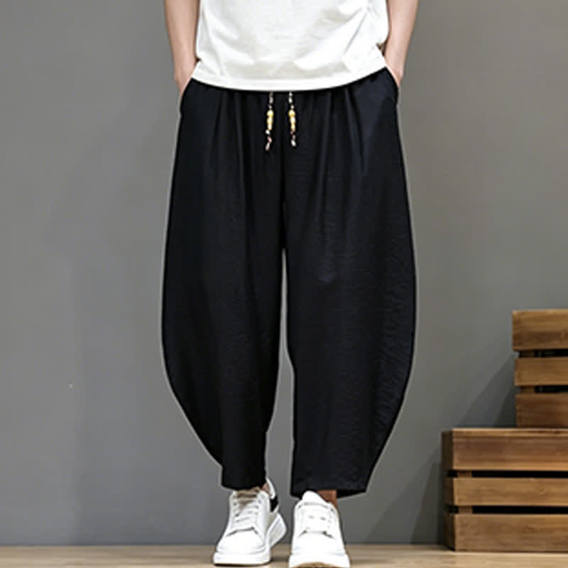 Buddha Stones Summer Casual Minimalist Drawstring Solid Cropped Pants Men's Harem Pants With Pocket - image 12