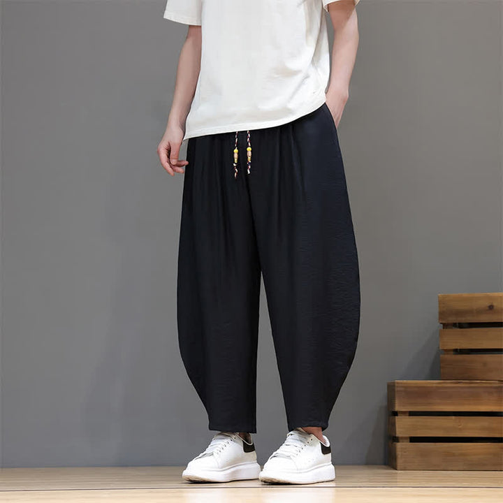 Buddha Stones Summer Casual Minimalist Drawstring Solid Cropped Pants Men's Harem Pants With Pocket - Black - US/UK/AU46, EU56 (5XL) - image 10