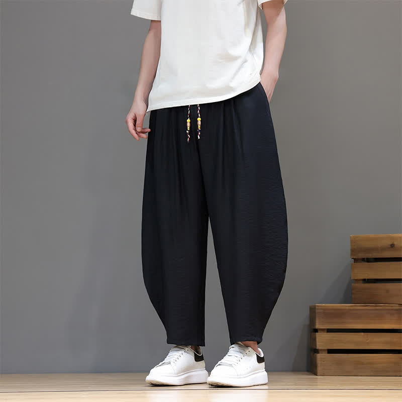 Buddha Stones Summer Casual Minimalist Drawstring Solid Cropped Pants Men's Harem Pants With Pocket - Black - US/UK/AU46, EU56 (5XL) - image 8