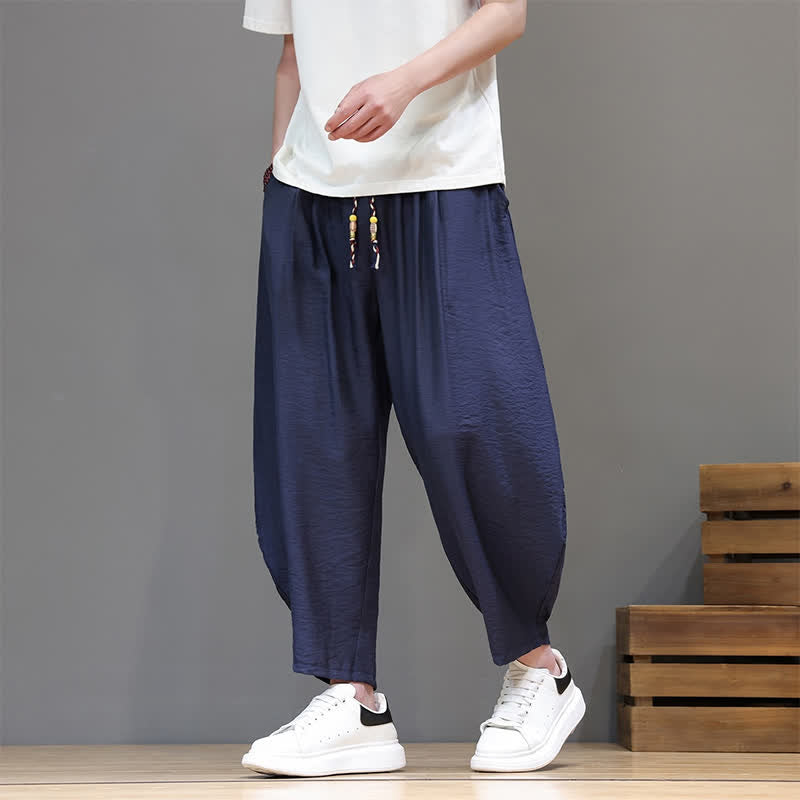 Buddha Stones Summer Casual Minimalist Drawstring Solid Cropped Pants Men's Harem Pants With Pocket - image 8