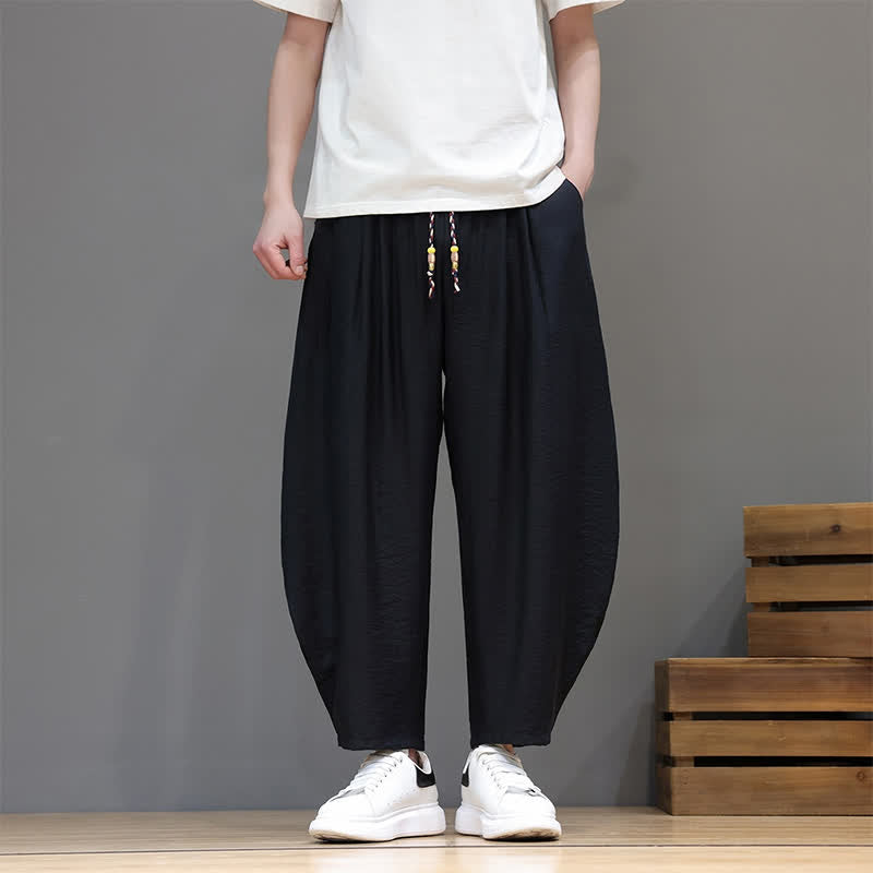Buddha Stones Summer Casual Minimalist Drawstring Solid Cropped Pants Men's Harem Pants With Pocket - image 17