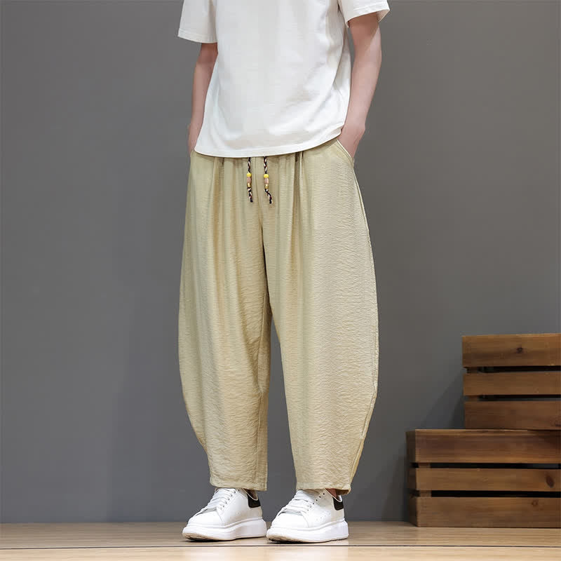 Buddha Stones Summer Casual Minimalist Drawstring Solid Cropped Pants Men's Harem Pants With Pocket - Khaki - US/UK/AU46, EU56 (5XL) - image 28