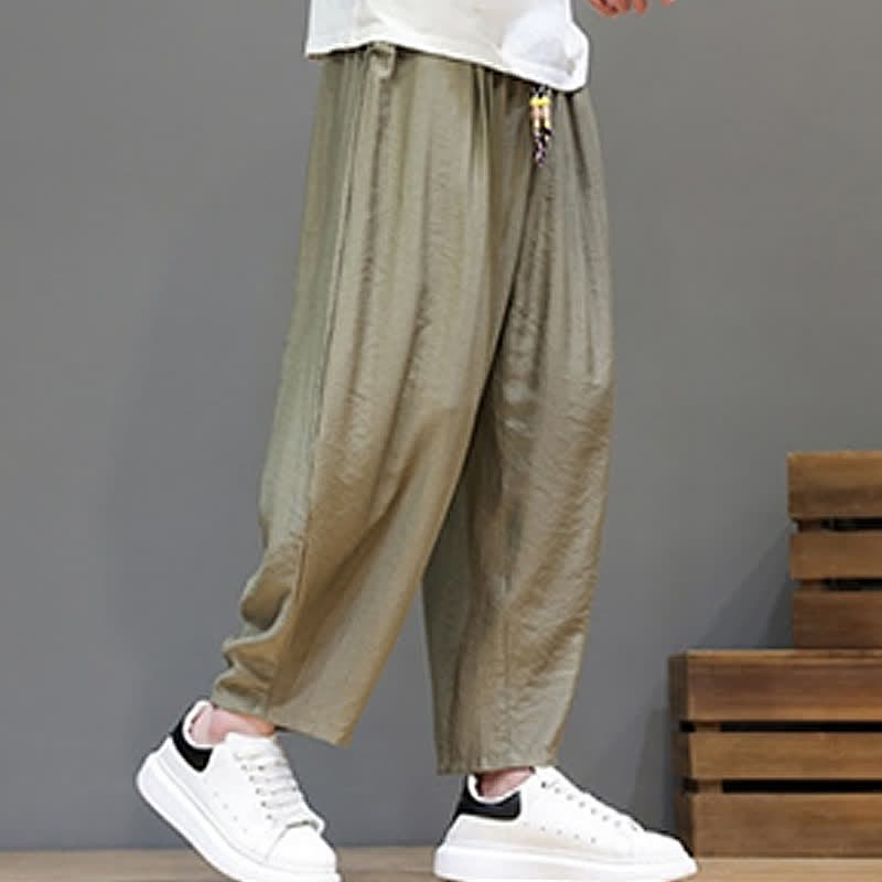 Buddha Stones Summer Casual Minimalist Drawstring Solid Cropped Pants Men's Harem Pants With Pocket - image 25