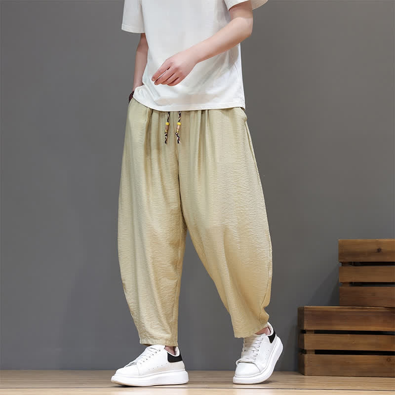 Buddha Stones Summer Casual Minimalist Drawstring Solid Cropped Pants Men's Harem Pants With Pocket - image 29