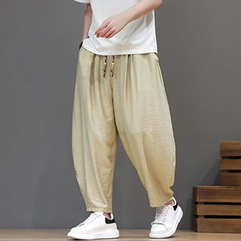 Buddha Stones Summer Casual Minimalist Drawstring Solid Cropped Pants Men's Harem Pants With Pocket - image 32