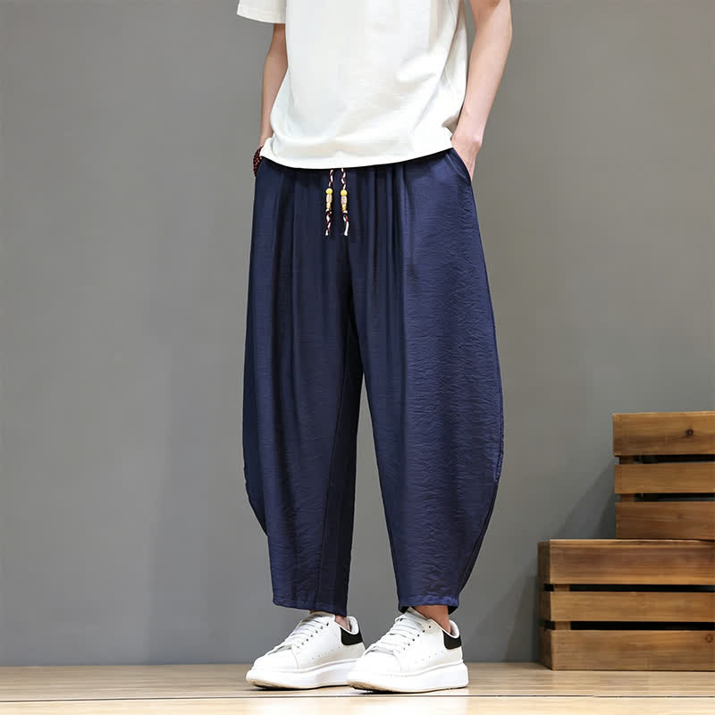 Buddha Stones Summer Casual Minimalist Drawstring Solid Cropped Pants Men's Harem Pants With Pocket - Navy - US/UK/AU46, EU56 (5XL) - image 0