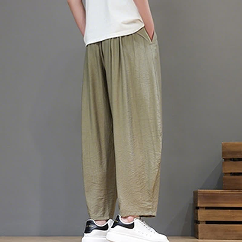 Buddha Stones Summer Casual Minimalist Drawstring Solid Cropped Pants Men's Harem Pants With Pocket - image 24