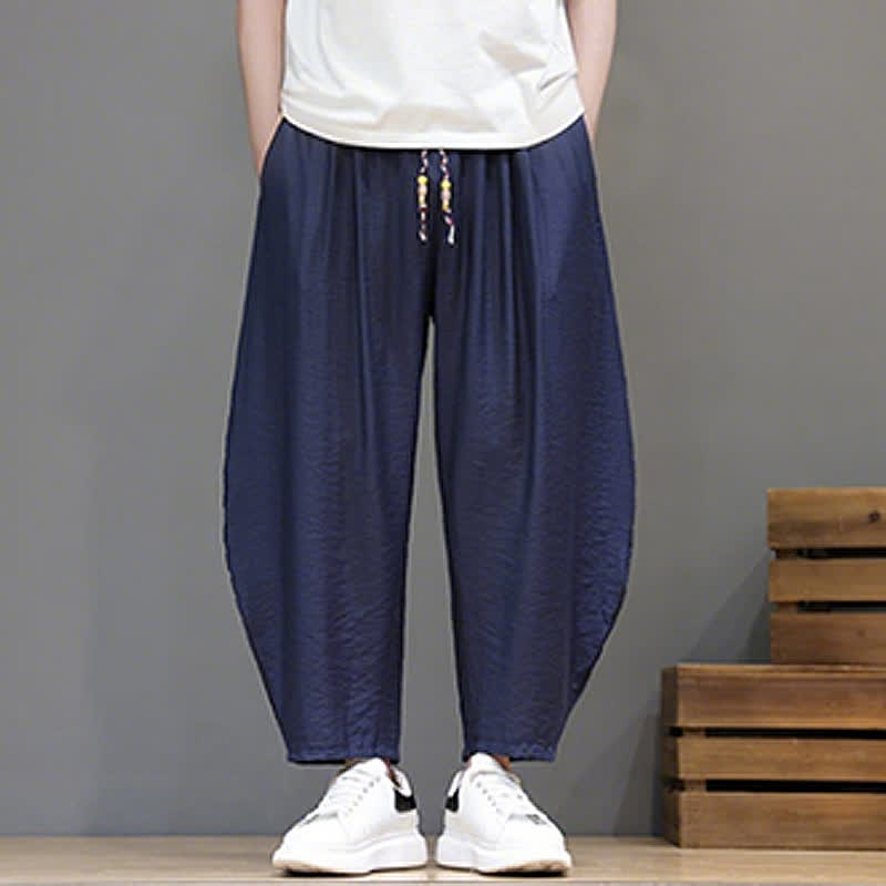 Buddha Stones Summer Casual Minimalist Drawstring Solid Cropped Pants Men's Harem Pants With Pocket - image 1