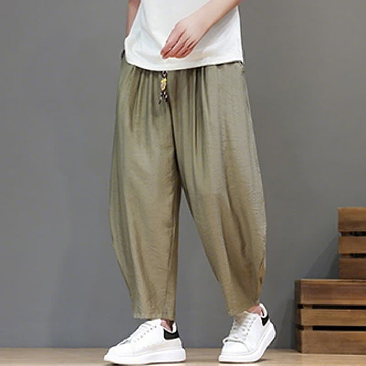 Buddha Stones Summer Casual Minimalist Drawstring Solid Cropped Pants Men's Harem Pants With Pocket - image 25