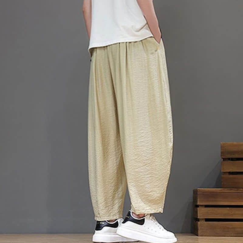 Buddha Stones Summer Casual Minimalist Drawstring Solid Cropped Pants Men's Harem Pants With Pocket - image 33