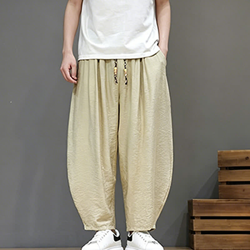 Buddha Stones Summer Casual Minimalist Drawstring Solid Cropped Pants Men's Harem Pants With Pocket - image 34