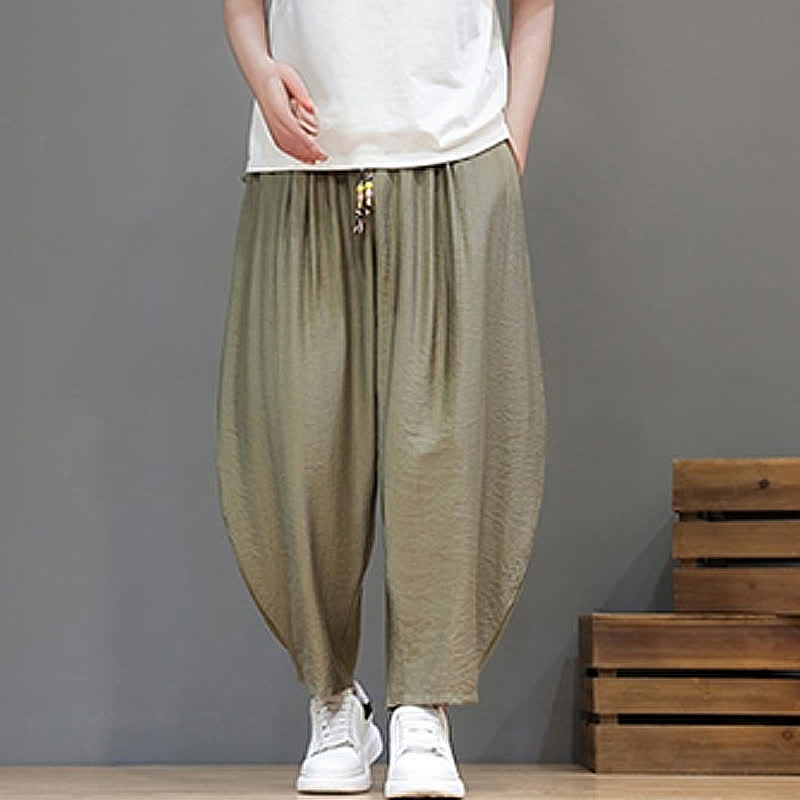 Buddha Stones Summer Casual Minimalist Drawstring Solid Cropped Pants Men's Harem Pants With Pocket - image 20