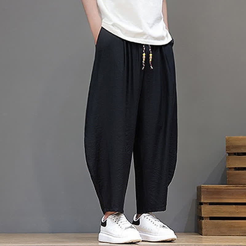 Buddha Stones Summer Casual Minimalist Drawstring Solid Cropped Pants Men's Harem Pants With Pocket - image 12