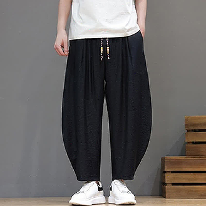 Buddha Stones Summer Casual Minimalist Drawstring Solid Cropped Pants Men's Harem Pants With Pocket - image 11