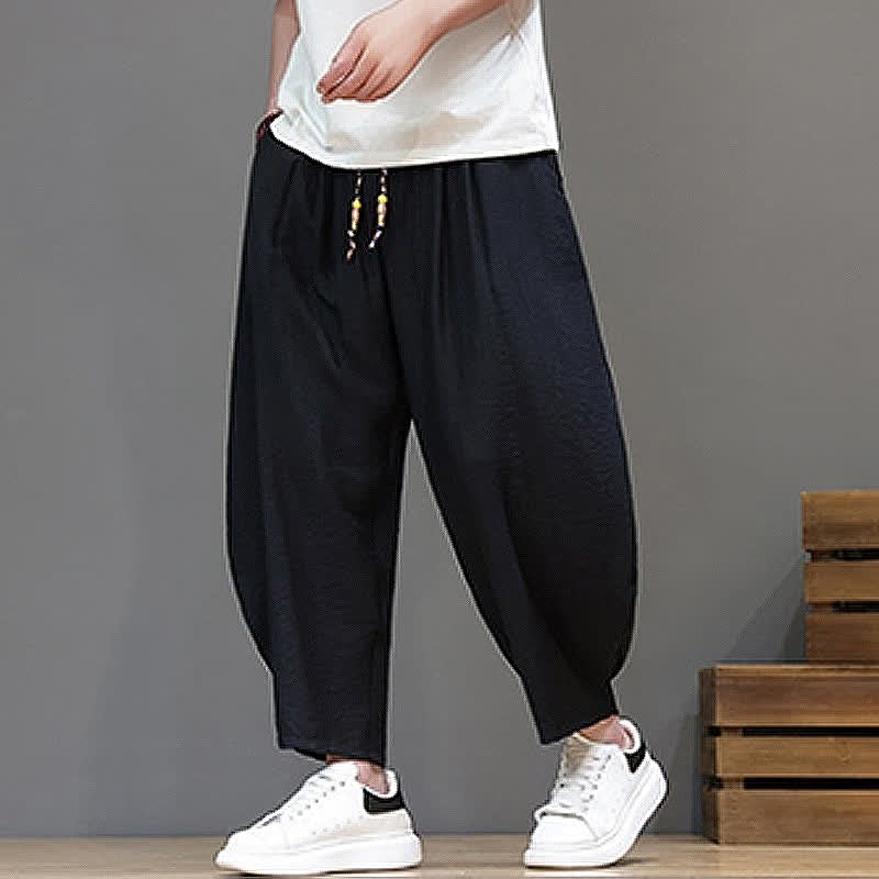 Buddha Stones Summer Casual Minimalist Drawstring Solid Cropped Pants Men's Harem Pants With Pocket - image 9