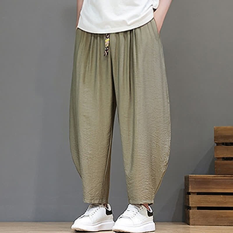Buddha Stones Summer Casual Minimalist Drawstring Solid Cropped Pants Men's Harem Pants With Pocket - image 21