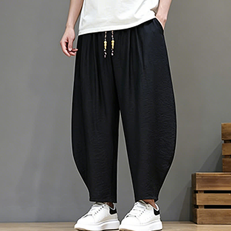 Buddha Stones Summer Casual Minimalist Drawstring Solid Cropped Pants Men's Harem Pants With Pocket - image 13