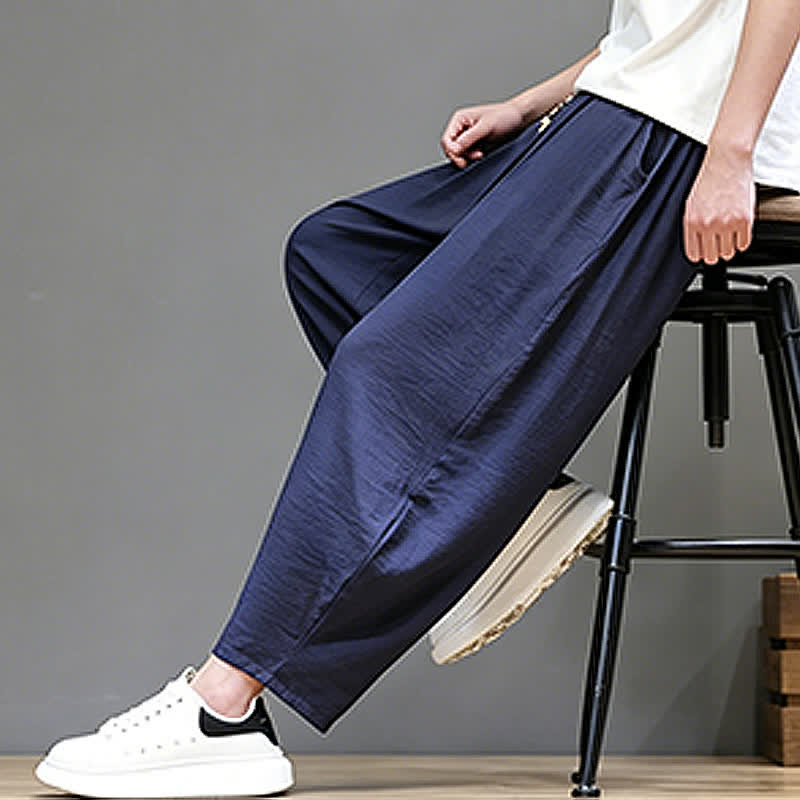 Buddha Stones Summer Casual Minimalist Drawstring Solid Cropped Pants Men's Harem Pants With Pocket - image 6