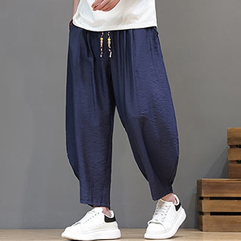 Buddha Stones Summer Casual Minimalist Drawstring Solid Cropped Pants Men's Harem Pants With Pocket - image 5
