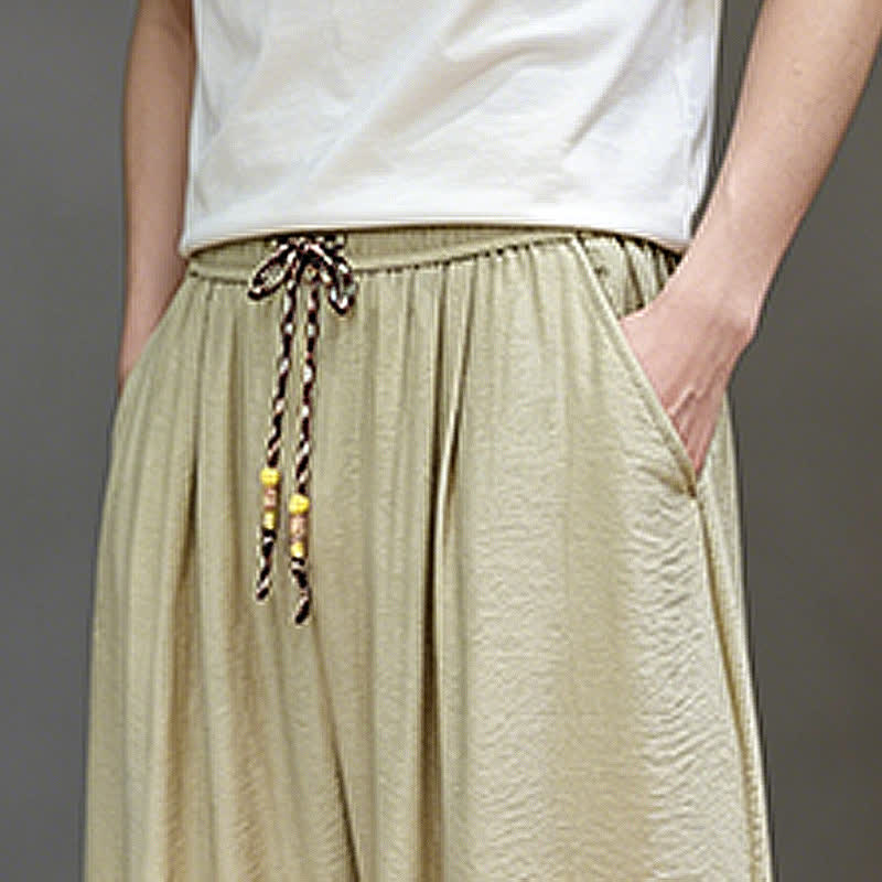 Buddha Stones Summer Casual Minimalist Drawstring Solid Cropped Pants Men's Harem Pants With Pocket - image 39