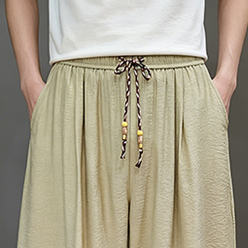 Buddha Stones Summer Casual Minimalist Drawstring Solid Cropped Pants Men's Harem Pants With Pocket - image 40