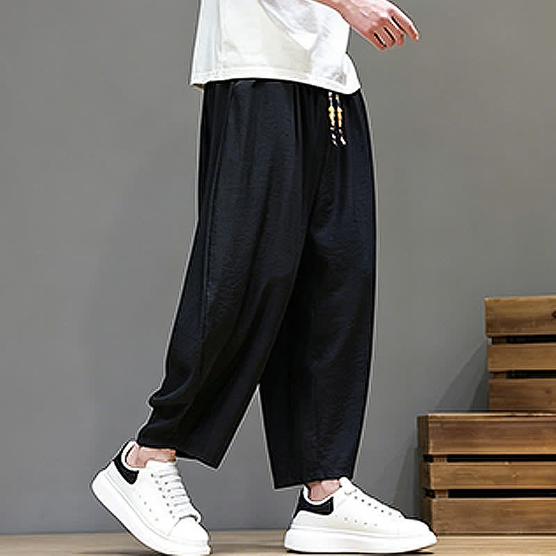 Buddha Stones Summer Casual Minimalist Drawstring Solid Cropped Pants Men's Harem Pants With Pocket - image 16