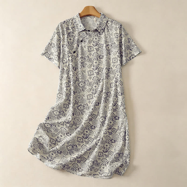 Buddha Stones Summer Casual Vintage Button-Up Geometric Women's Short Sleeve Knee Length Dress With Pockets - Beige - US12, UK/AU16, EU44 (2XL) - image 3