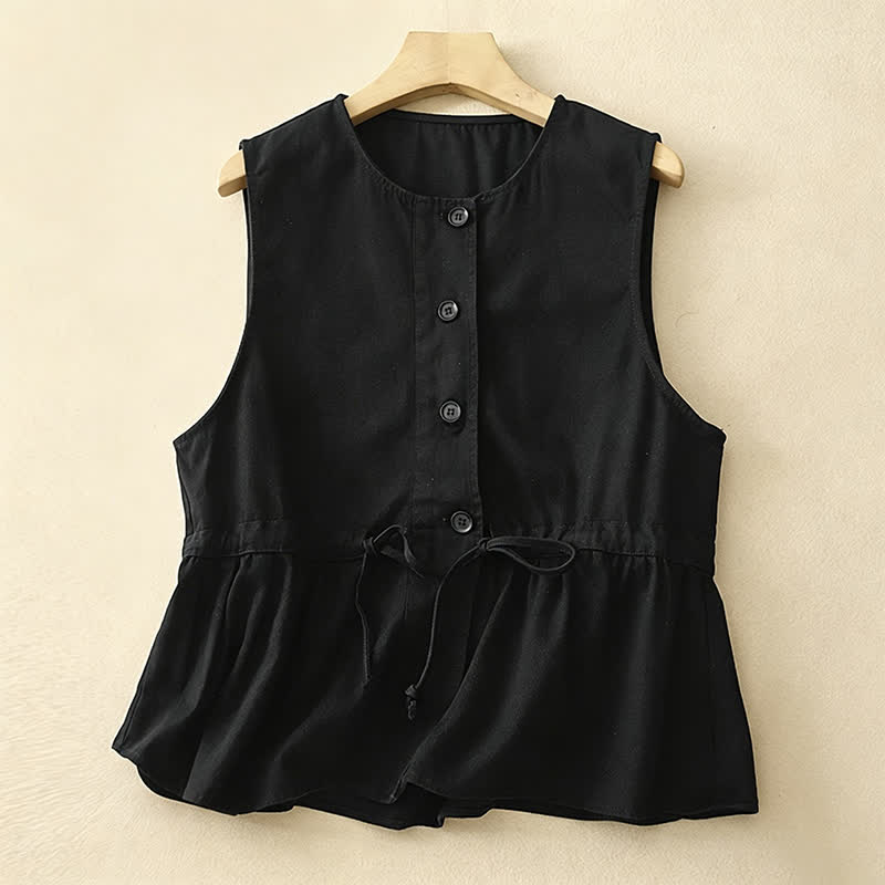 Buddha Stones Summer Casual Vintage Button-Up Drawstring Solid Tank Top Women's Sleeveless Shirts - Black - US8-10, UK/AU12-14, EU40-42 (2XL) - image 7