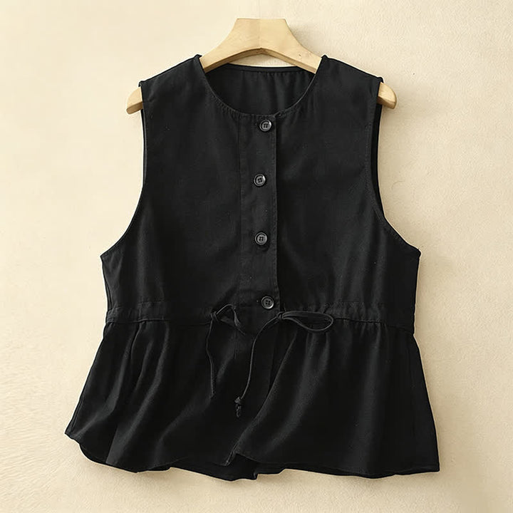 Buddha Stones Summer Casual Vintage Button-Up Drawstring Solid Tank Top Women's Sleeveless Shirts - Black - US8-10, UK/AU12-14, EU40-42 (2XL) - image 7