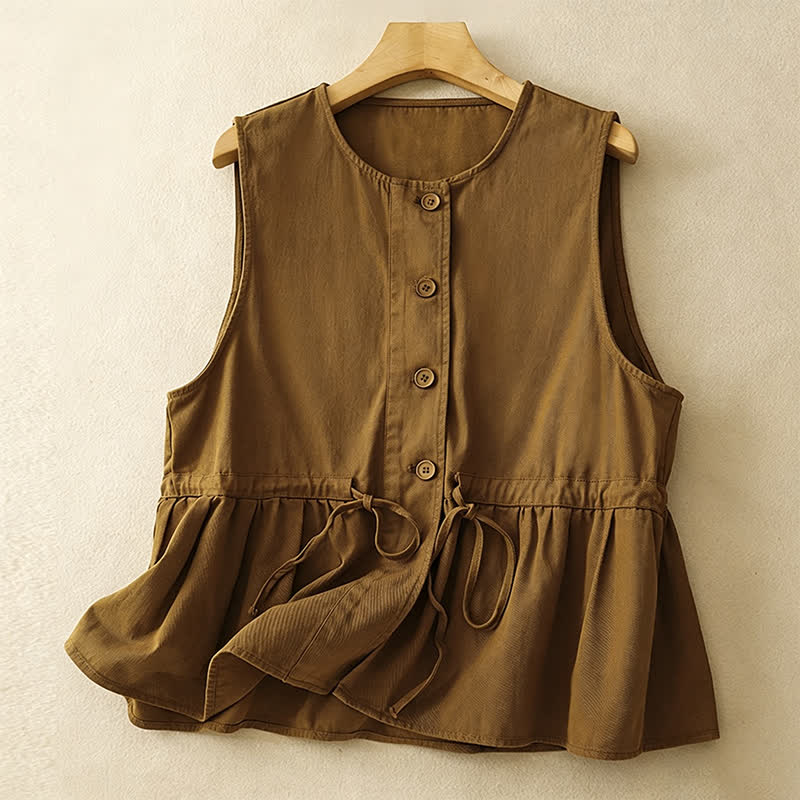 Buddha Stones Summer Casual Vintage Button-Up Drawstring Solid Tank Top Women's Sleeveless Shirts - DarkGoldenrod - US8-10, UK/AU12-14, EU40-42 (2XL) - image 19