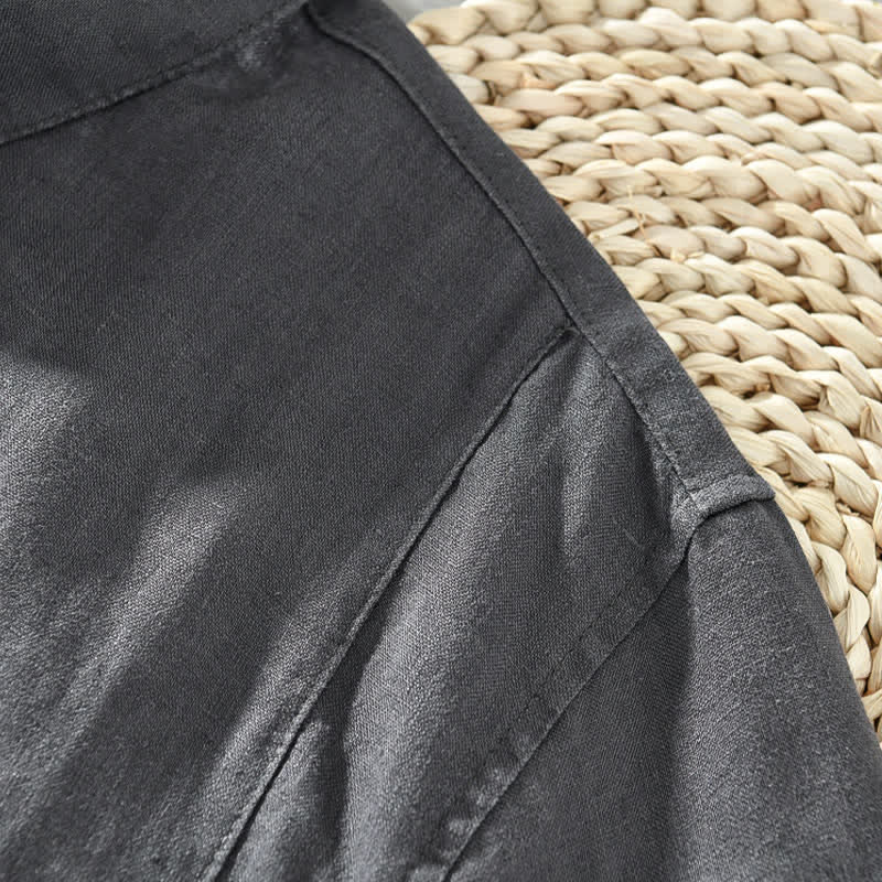 Buddha Stones Summer Casual Minimalist Button-Up Solid Linen Men's Short Sleeve Shirts - image 2