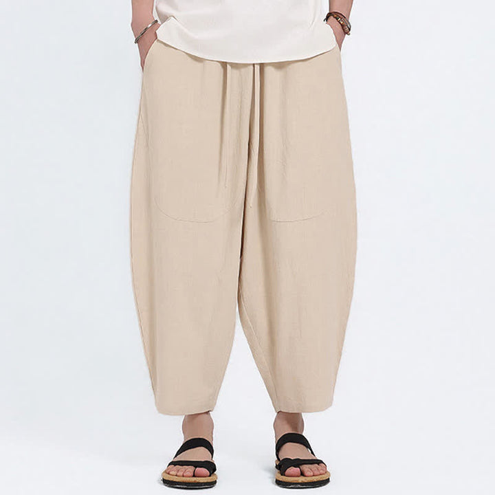 Buddha Stones Summer Casual Drawstring Solid Cotton Linen Capri Pants Men's Harem Pants With Pockets - Beige - US/UK/AU46，EU56 (5XL) - image 15