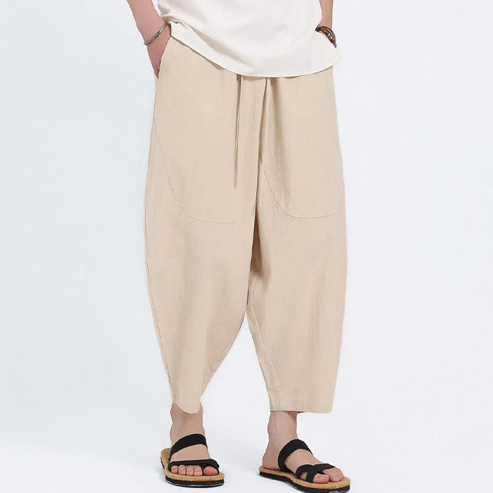 Buddha Stones Summer Casual Drawstring Solid Cotton Linen Capri Pants Men's Harem Pants With Pockets - image 16